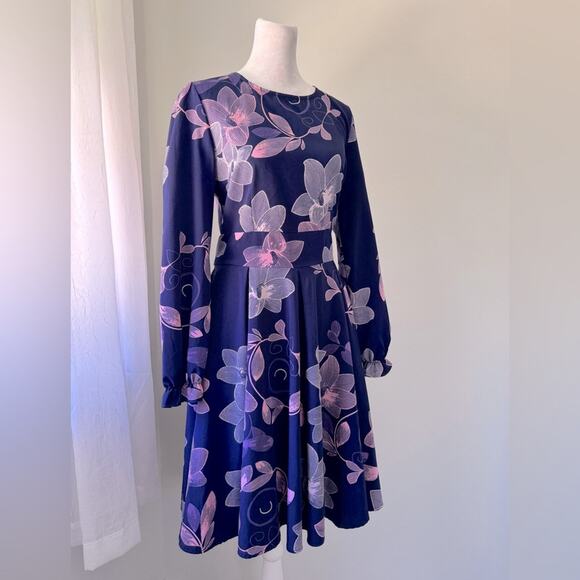 Simple Flavor Purple & Pink Floral Print Long Sleeve Knee Length A-Line Dress - Picture 5 of 8